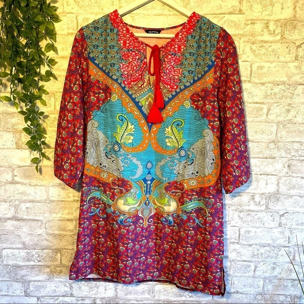 MIXED Paisley Print Drawing 3/4 ruffled sleeve Tunic Dress